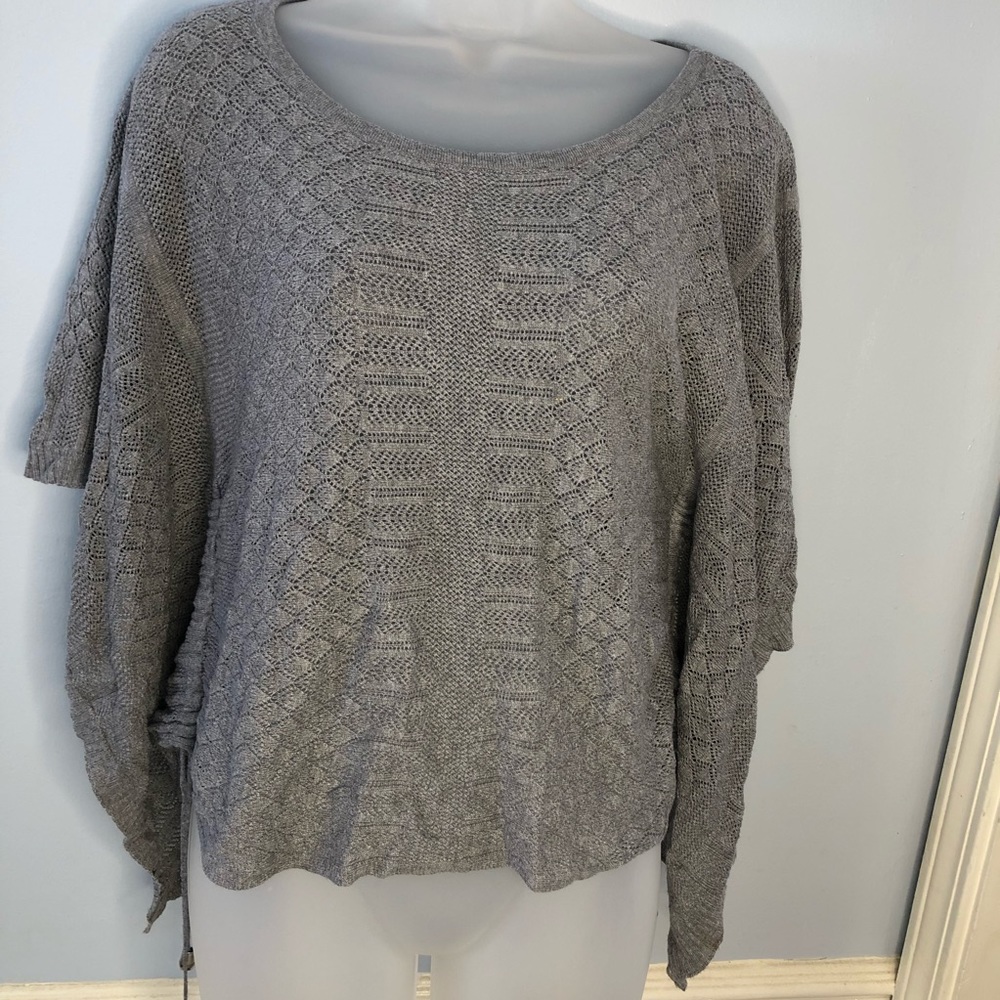Belldini Sweater Small Lightweight Knit Waterfall Sleeves Tie Rouching Gray